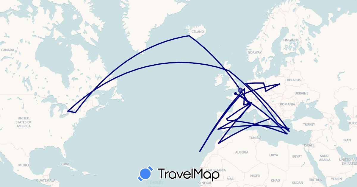 TravelMap itinerary: driving in Belgium, Canada, Switzerland, Czech Republic, Germany, Spain, France, United Kingdom, Greece, Iceland, Italy, Morocco, Netherlands, Poland, Portugal, United States (Africa, Europe, North America)